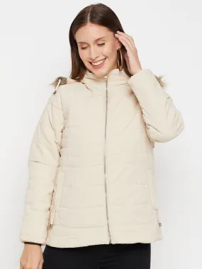 Cantabil Beige Full Sleeves Detachable Hooded Neck Puffer Casual Jacket For Women