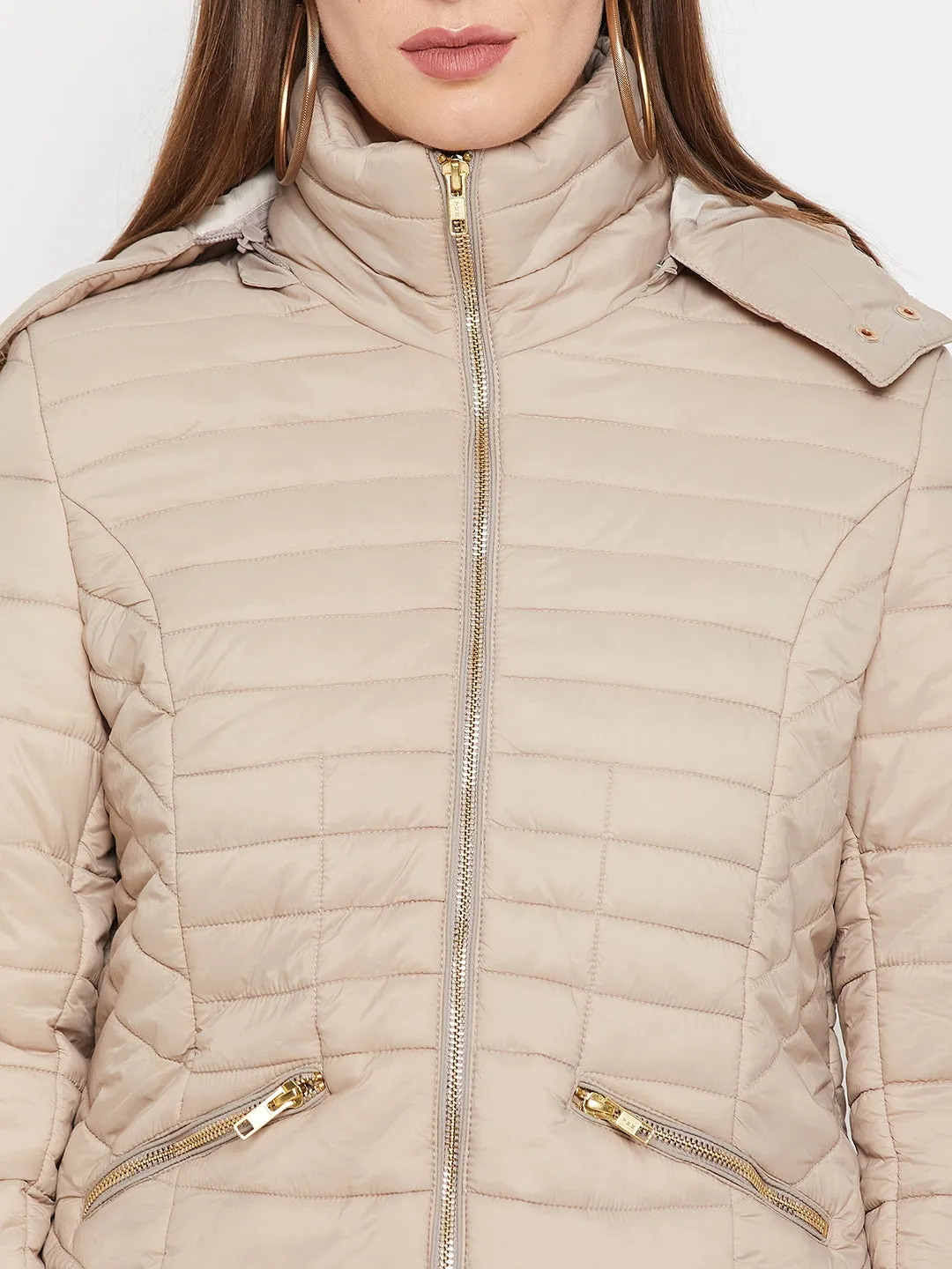 Cantabil Beige Full Sleeves Detachable Hooded Neck Puffer Casual Jacket For Women