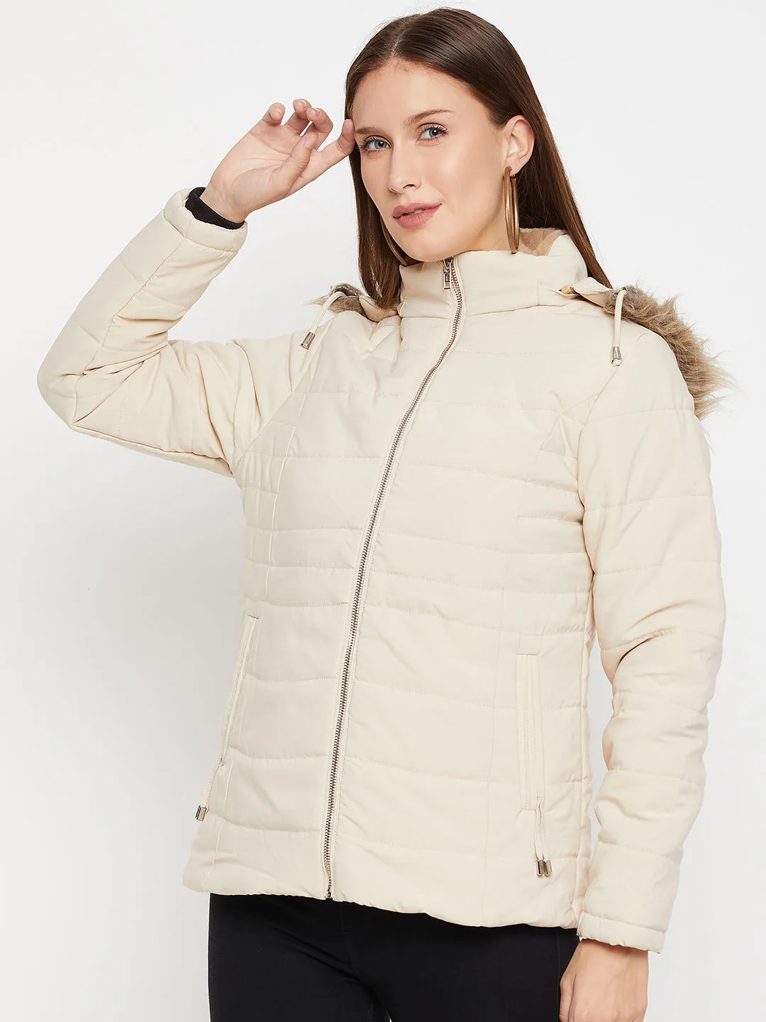 Cantabil Beige Full Sleeves Detachable Hooded Neck Puffer Casual Jacket For Women