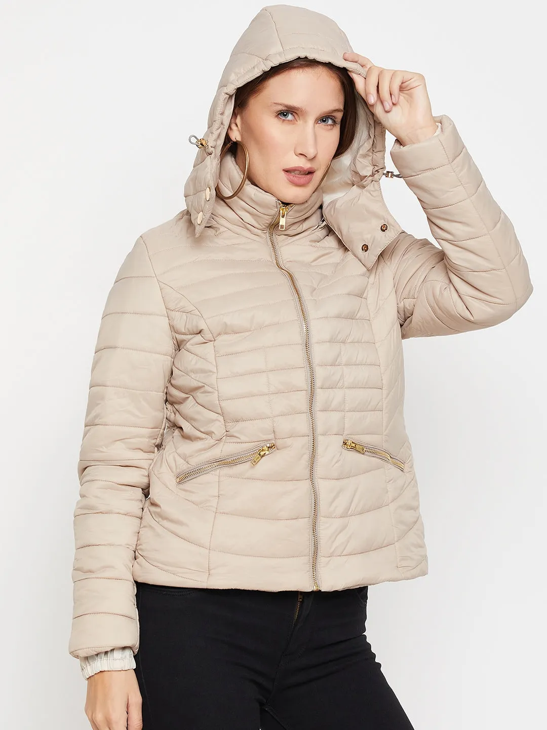 Cantabil Beige Full Sleeves Detachable Hooded Neck Puffer Casual Jacket For Women