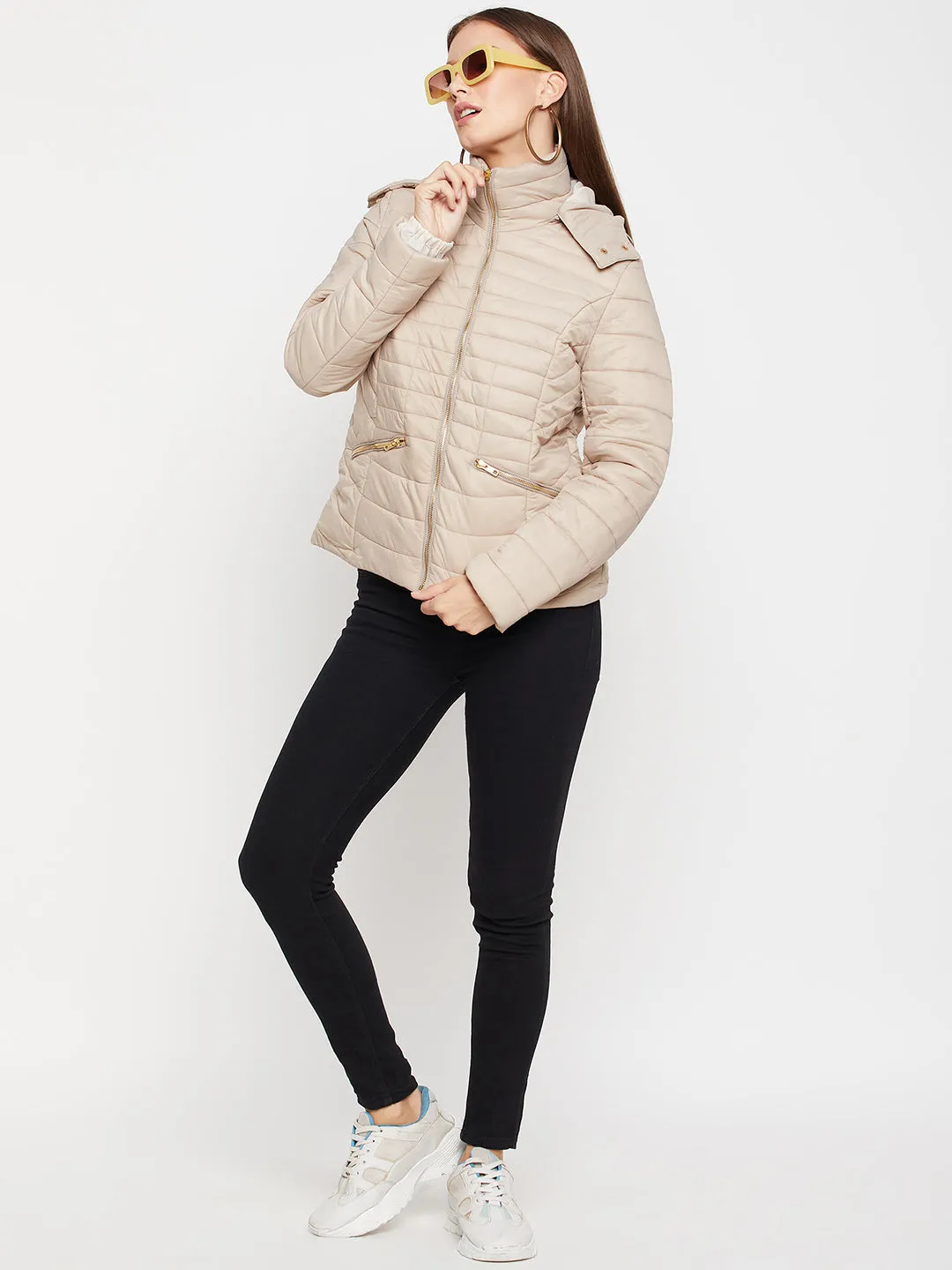 Cantabil Beige Full Sleeves Detachable Hooded Neck Puffer Casual Jacket For Women