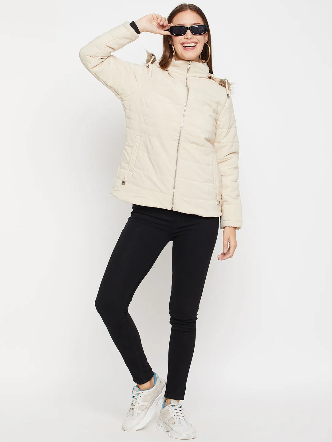 Cantabil Beige Full Sleeves Detachable Hooded Neck Puffer Casual Jacket For Women