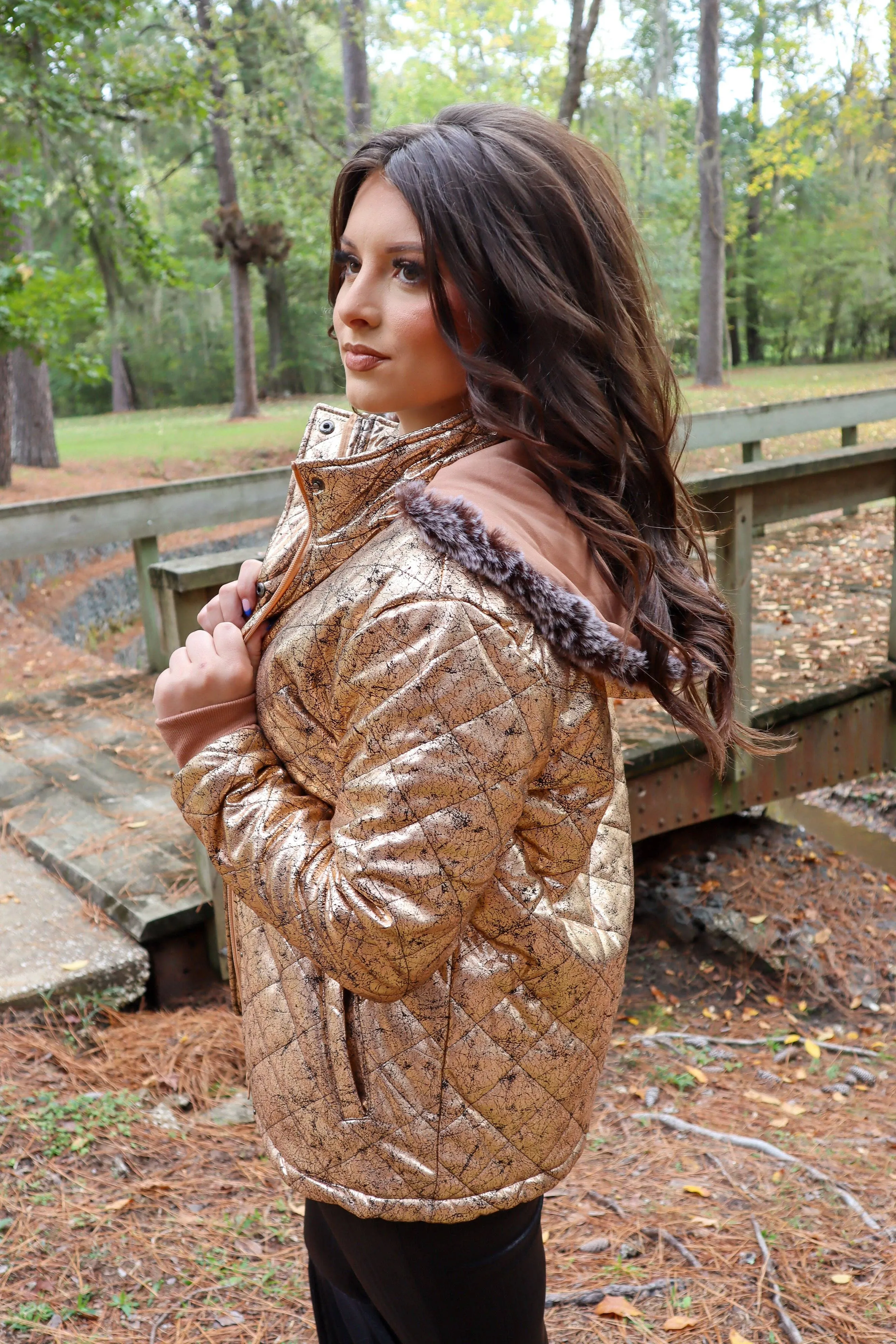 Carolina Fur Trimmed Quilted Jacket - Rose Gold