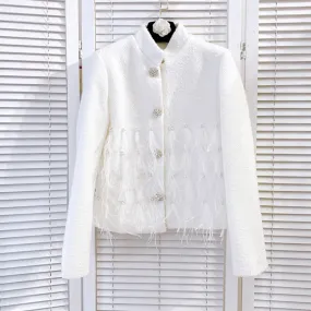 Casual White Patchwork Feathers Women's Jackets Stand Collar Long Sleeve Korean Fashion Short Women Coat Autumn