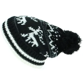 Chunky Slouch Bobble Beanie Hat with Reindeer Pattern - Black