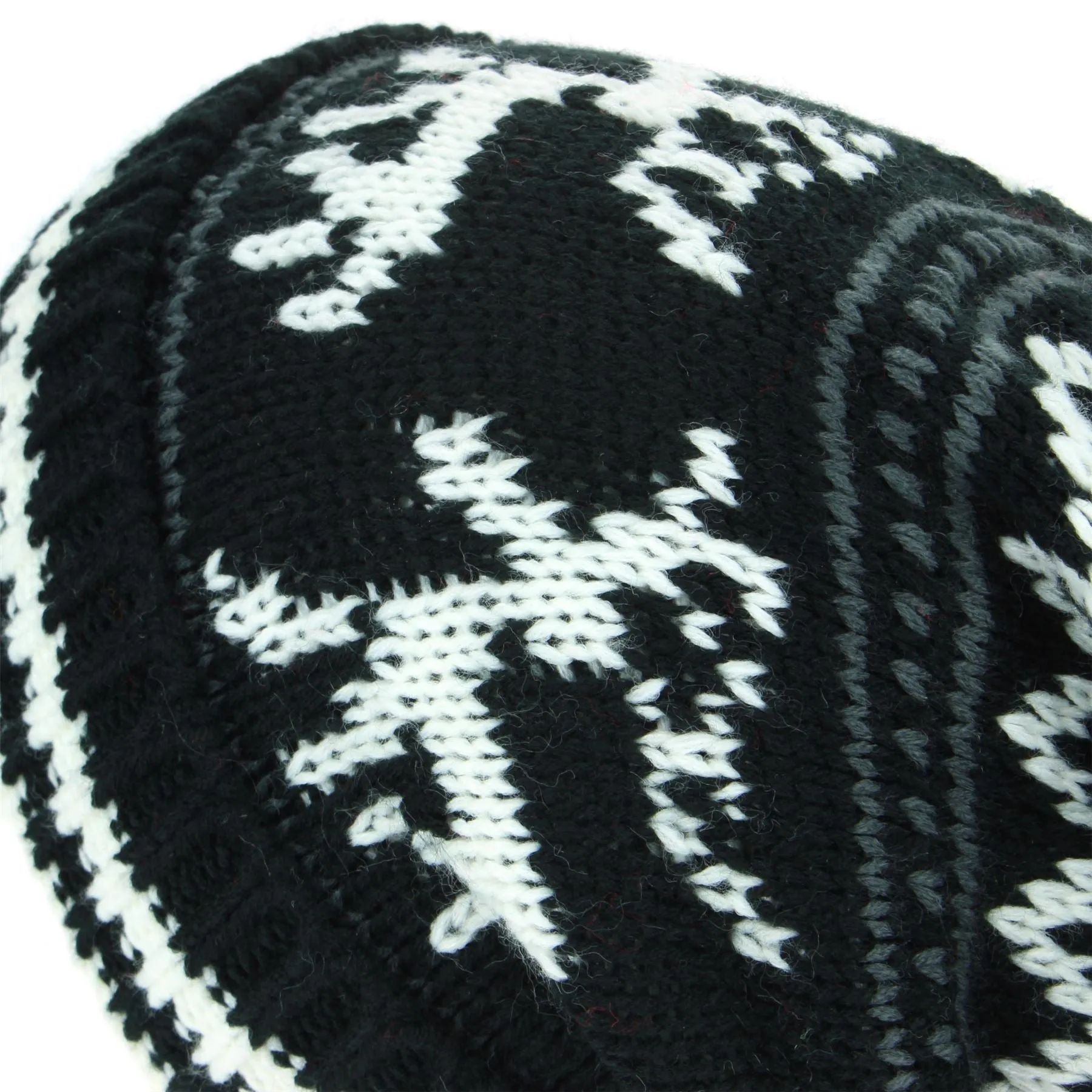 Chunky Slouch Bobble Beanie Hat with Reindeer Pattern - Black