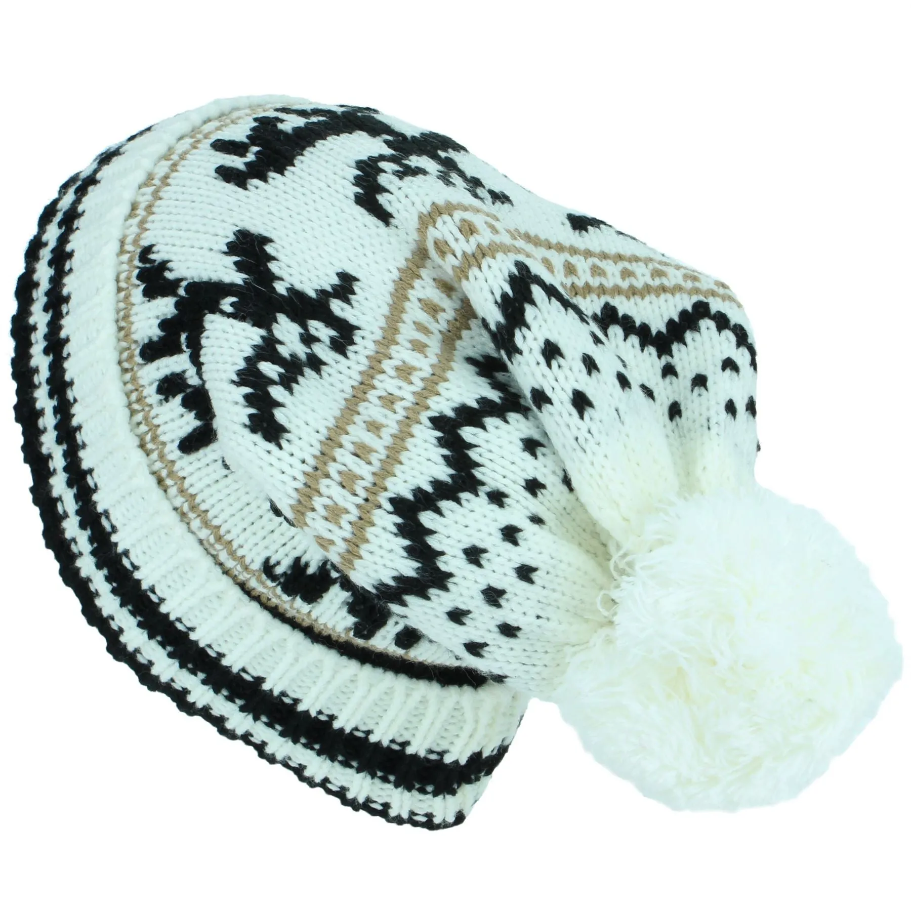 Chunky Slouch Bobble Beanie Hat with Reindeer Pattern - White & Black