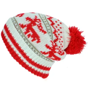 Chunky Slouch Bobble Beanie Hat with Reindeer Pattern - White & Red