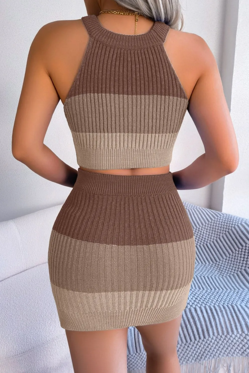 Color Block Sleeveless Crop Knit Top and Skirt Set - 3 colors