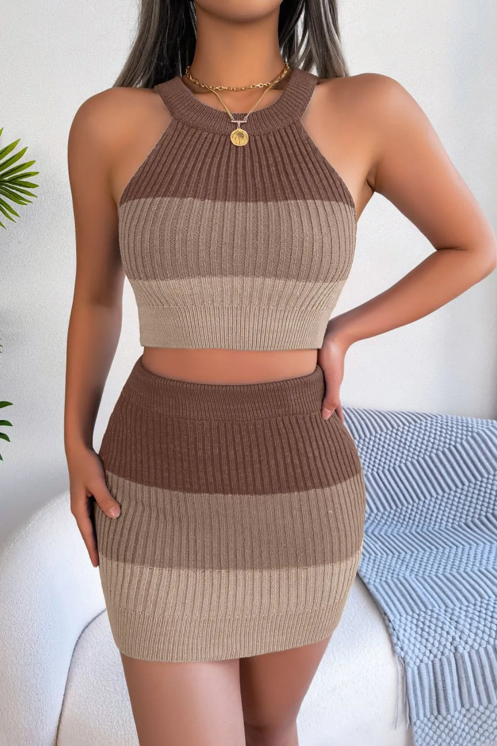 Color Block Sleeveless Crop Knit Top and Skirt Set - 3 colors