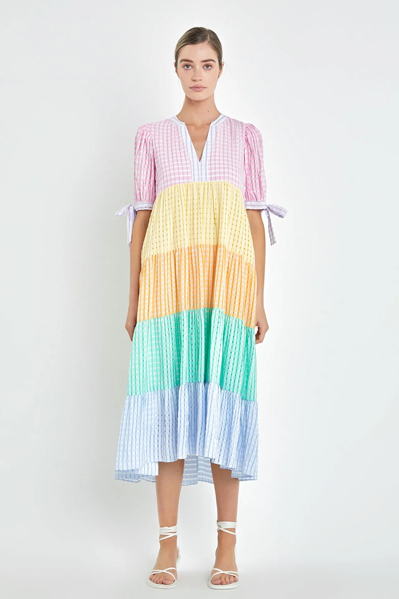 Colorblock Bow Tie Sleeve Maxi Dress