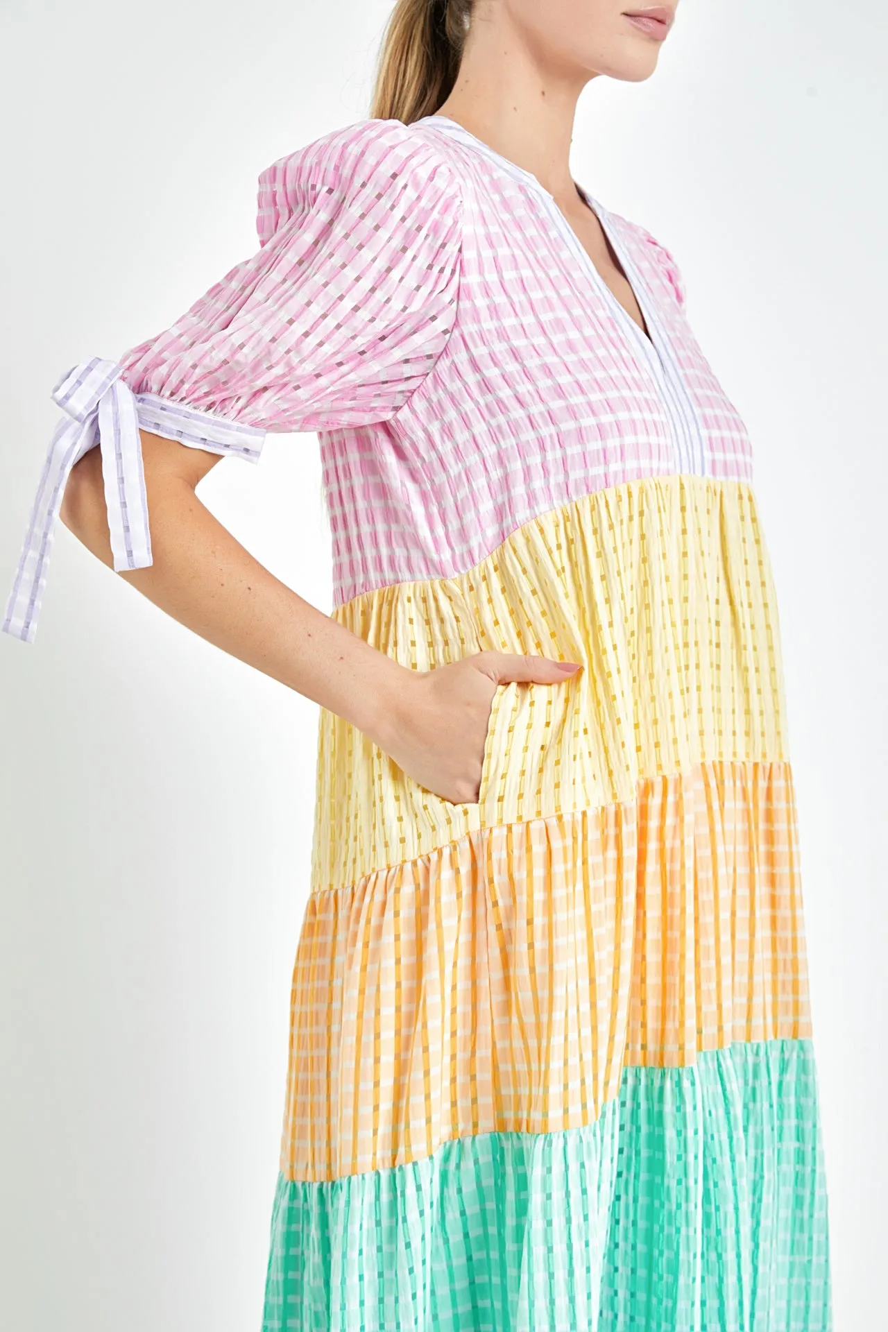 Colorblock Bow Tie Sleeve Maxi Dress