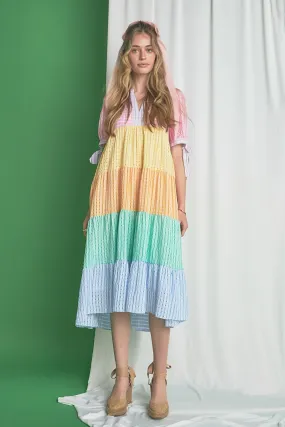 Colorblock Bow Tie Sleeve Maxi Dress