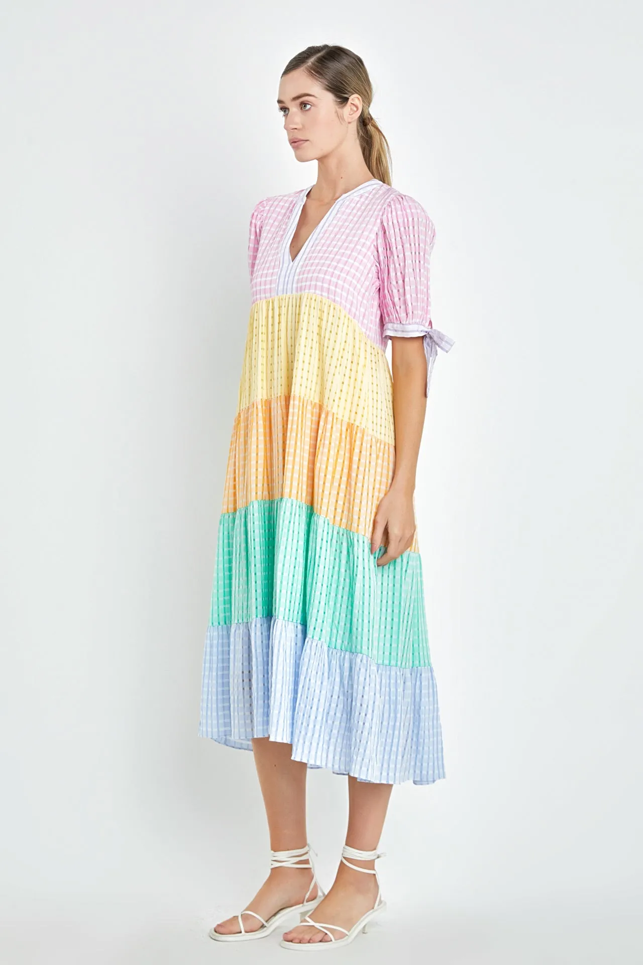 Colorblock Bow Tie Sleeve Maxi Dress