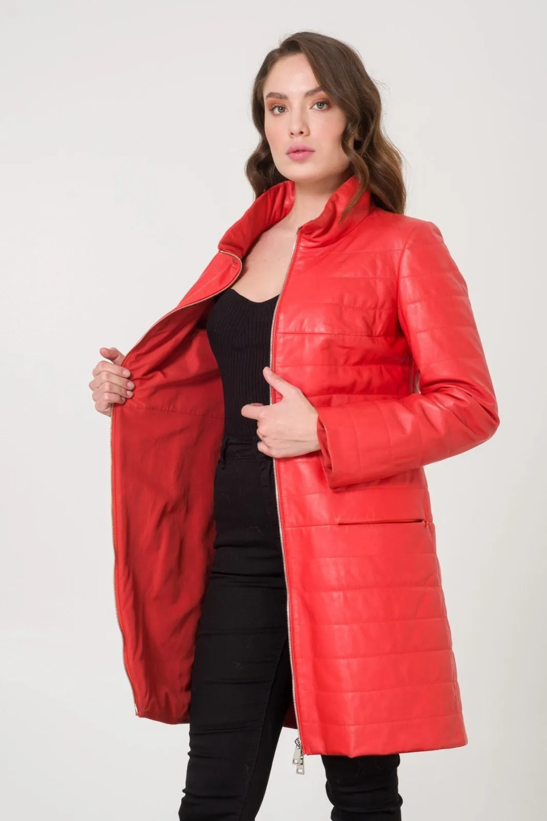 Coral Color Leather Coat