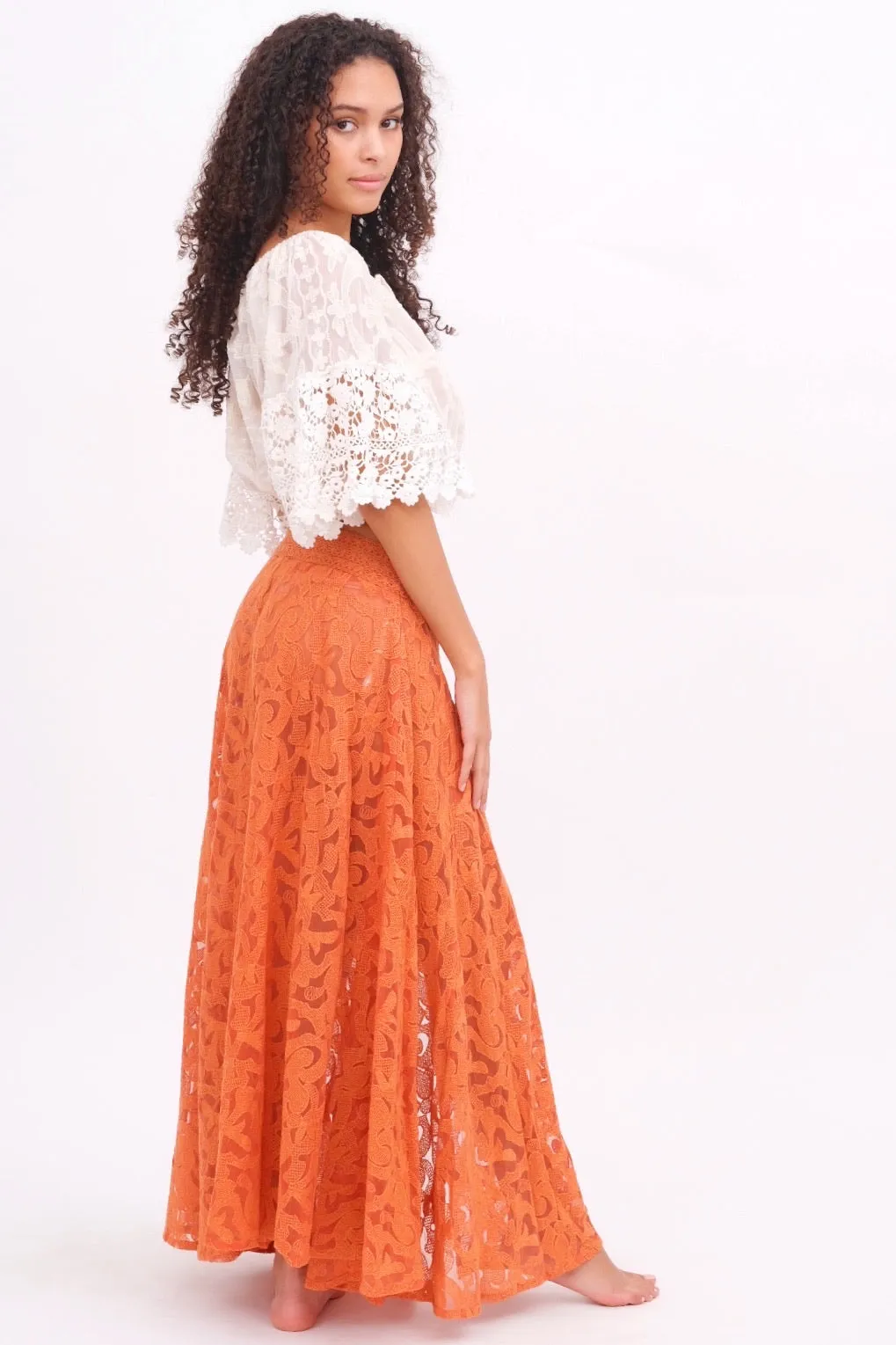 Coral Orange Button Up Lace Skirt