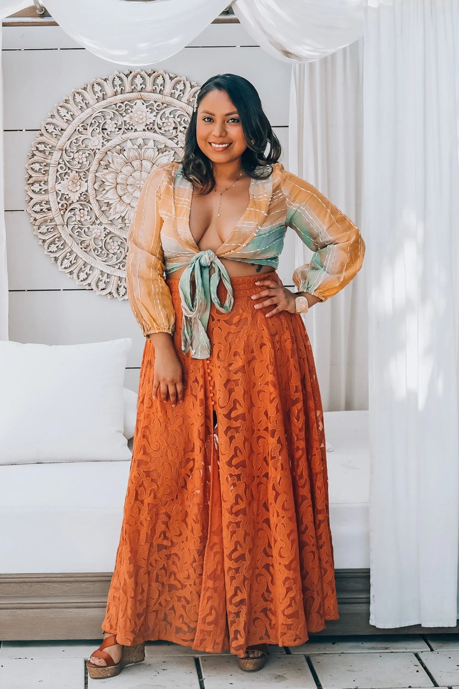 Coral Orange Button Up Lace Skirt