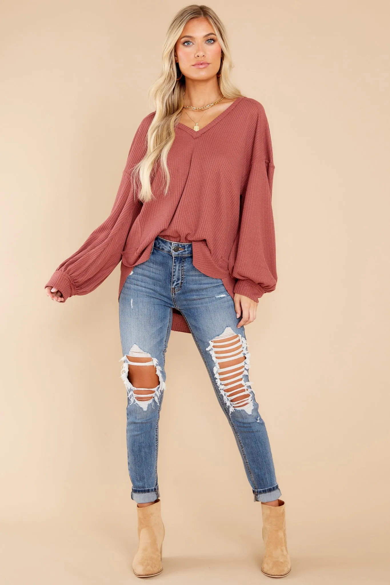 Cozy Warmth Mauve Waffle Knit Top