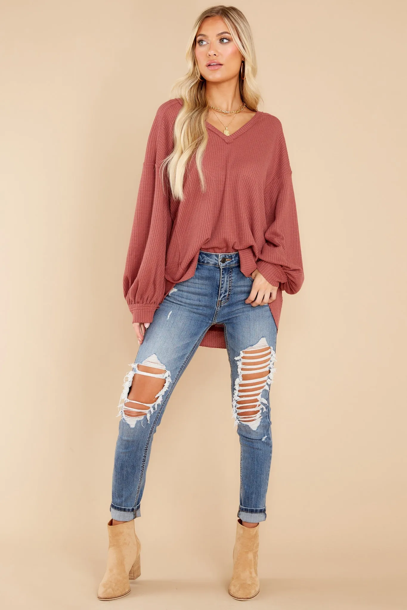 Cozy Warmth Mauve Waffle Knit Top