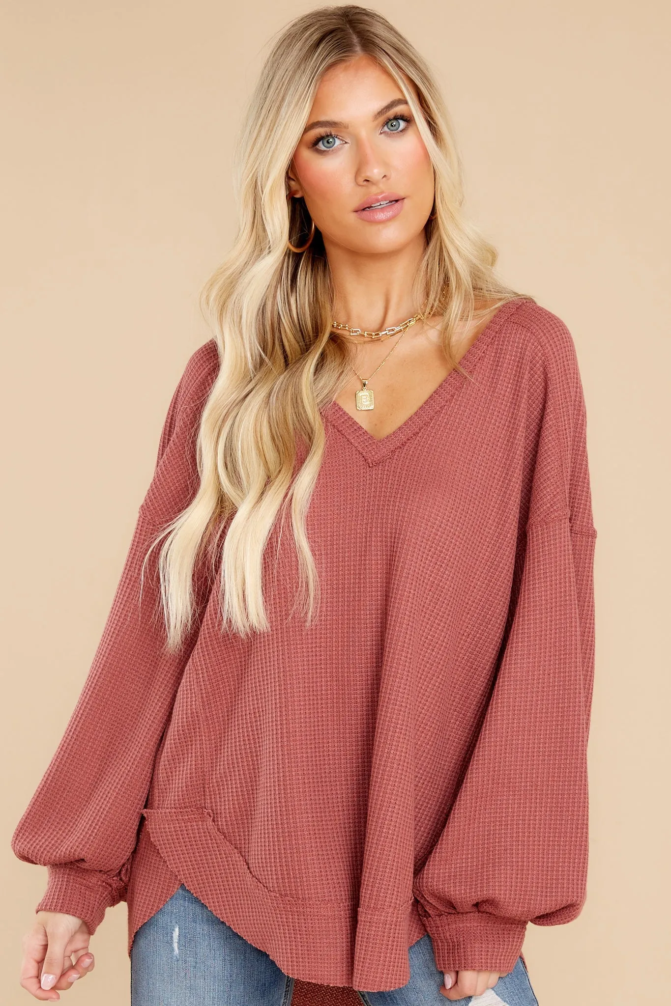 Cozy Warmth Mauve Waffle Knit Top