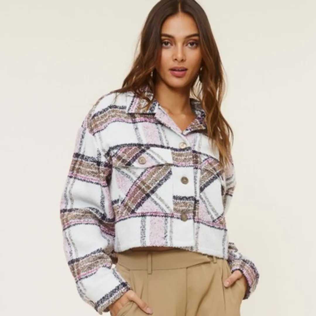 Crop Plaid Teddy Jacket