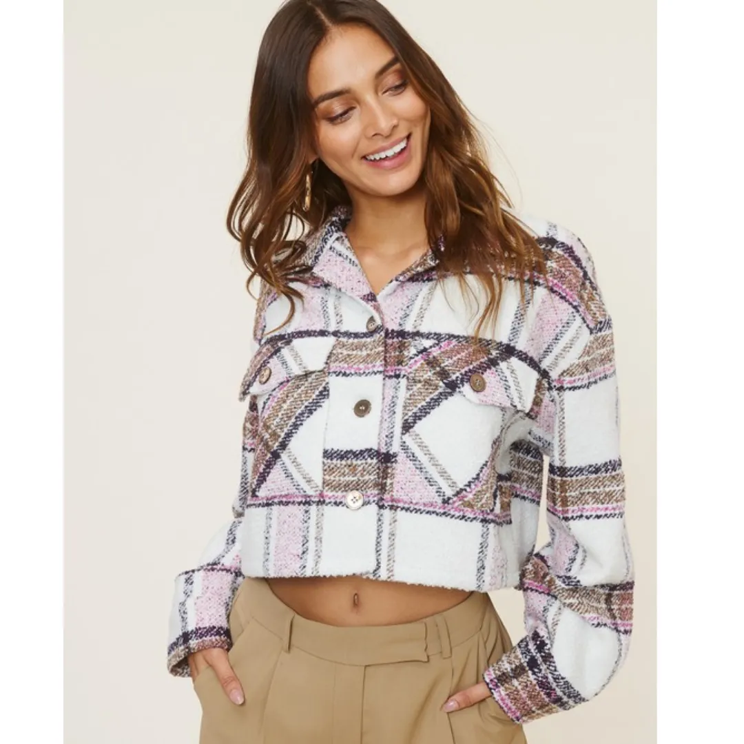 Crop Plaid Teddy Jacket