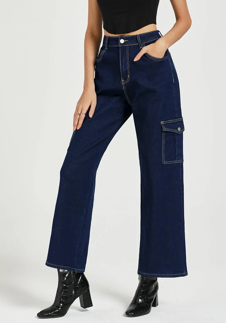 Dark Blue Women's Cargo Denim Relaxed Fit Y2K Wide Leg Pants