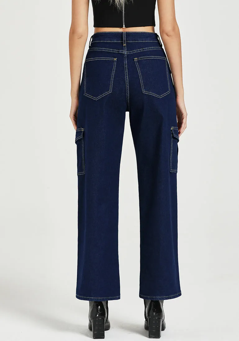 Dark Blue Women's Cargo Denim Relaxed Fit Y2K Wide Leg Pants