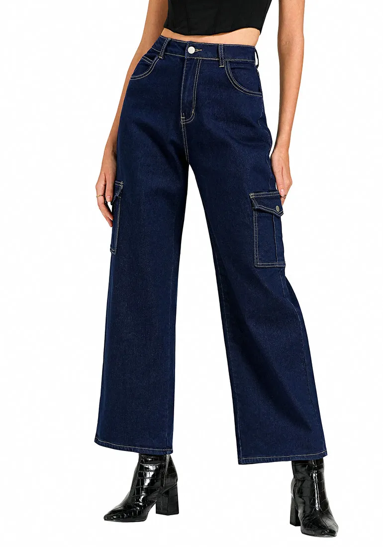 Dark Blue Women's Cargo Denim Relaxed Fit Y2K Wide Leg Pants