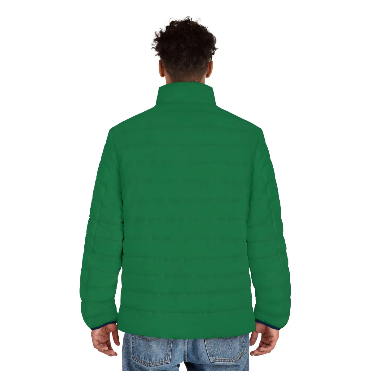 Dark Green Color Men's Jacket, Best Regular Fit Polyester Men's Puffer Jacket With Stand Up Collar (US Size: S-2XL)