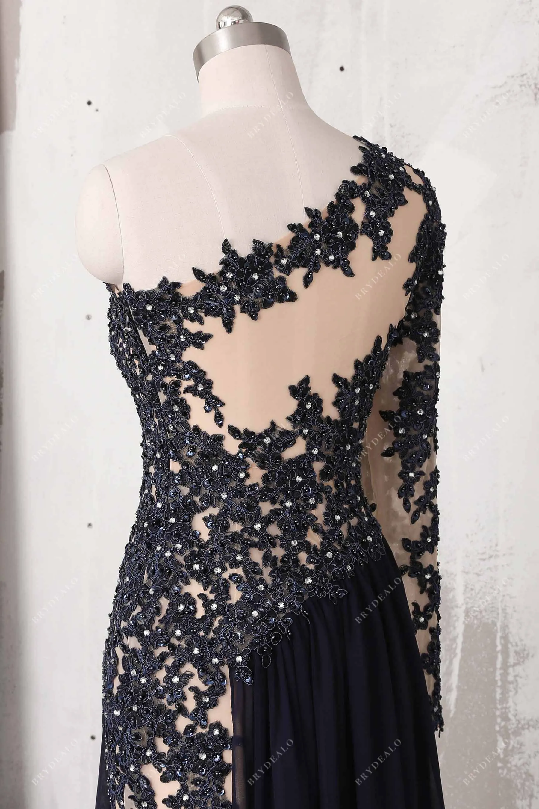 Dark Navy Lace Chiffon One Sleeve A-line Prom Dress