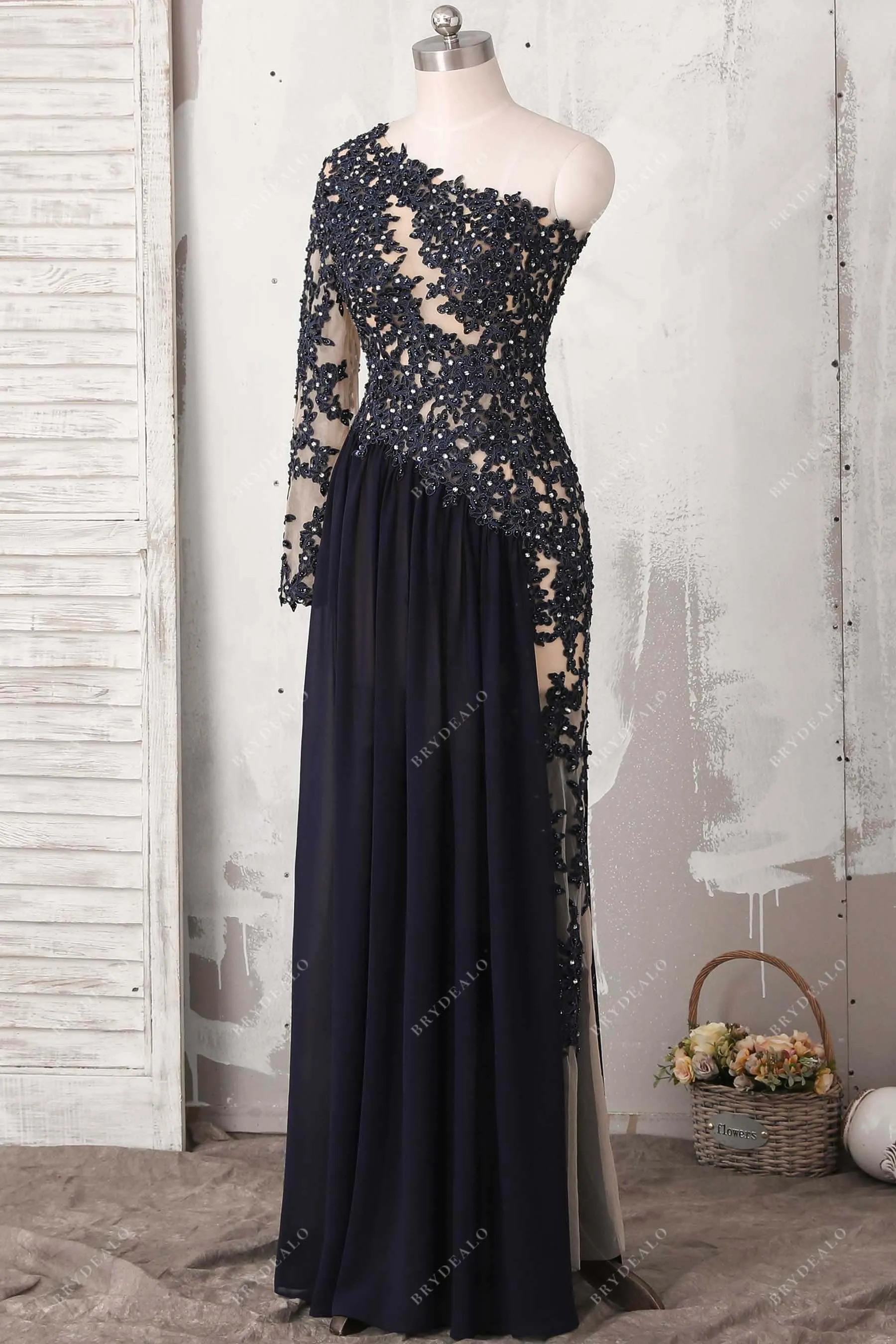 Dark Navy Lace Chiffon One Sleeve A-line Prom Dress