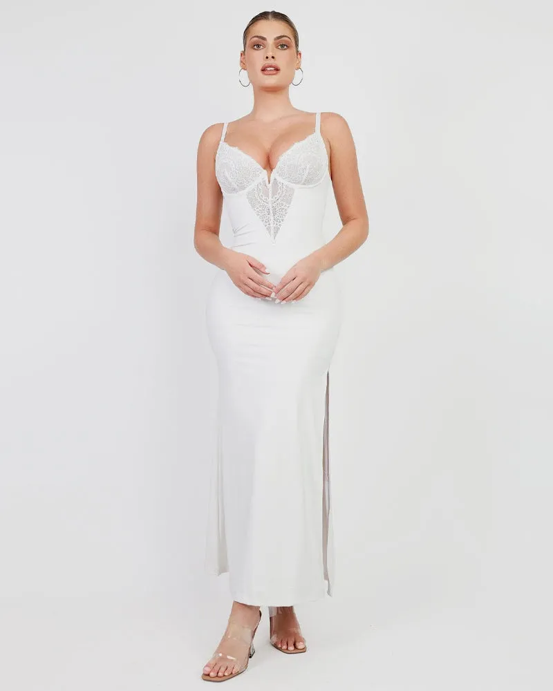 Deep-V Lace High-Slit Maxi Dress with Built-In Shapewear