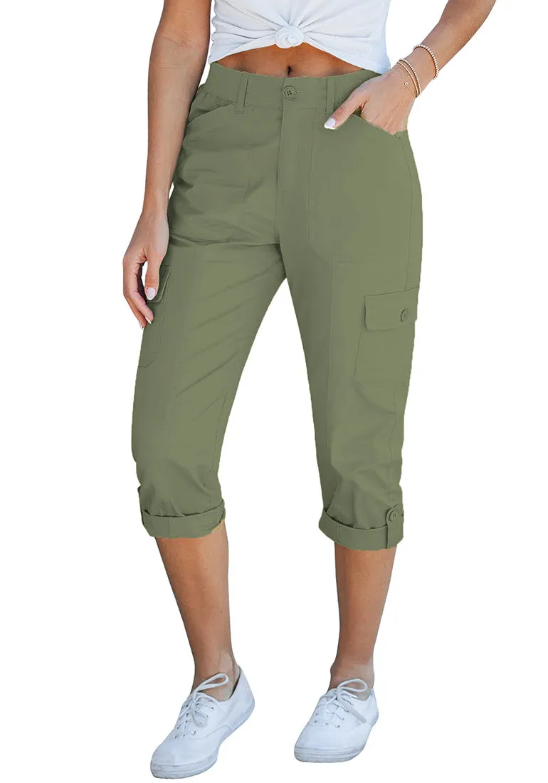 Dusty Olive Women's High Wasited Cargo Pants Cuffed Hem Elastic Waist Capri Pants With Pockets