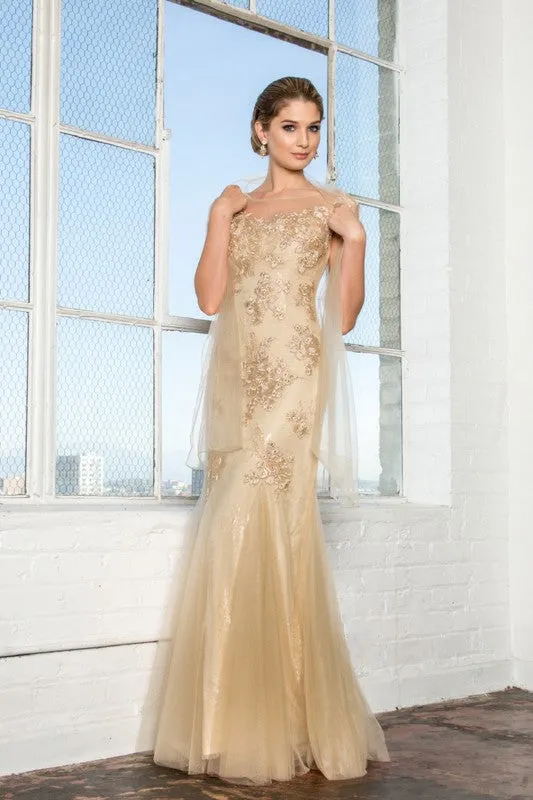 Elizabeth K GL2276 Floral Embroidered Lace and Tulle Full Length Gown