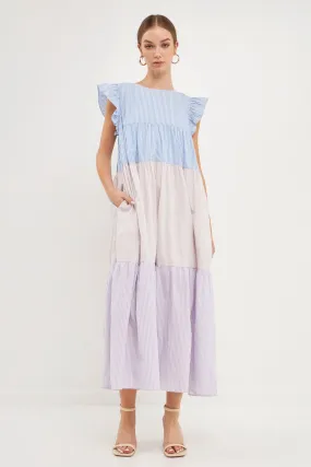 English Factory - Pinstriped Blocked Ruffled Maxi Dress