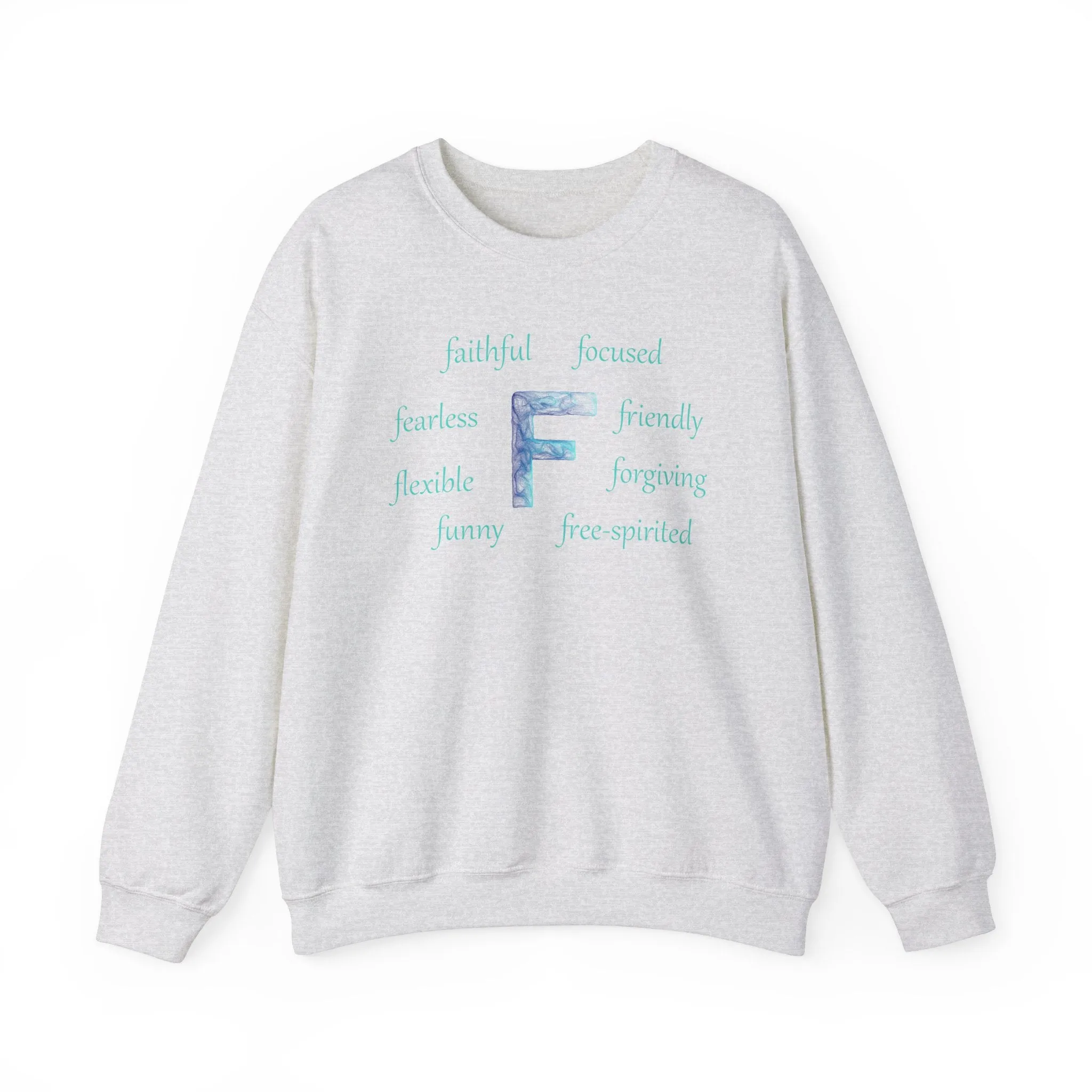 F Alphabet Sweatshirt, Alphabet Initial "F" Unisex Heavy Blend™ Optimistic, Mental Health, Motivational Crewneck Sweatshirt, Self-affirming Sweatshirt