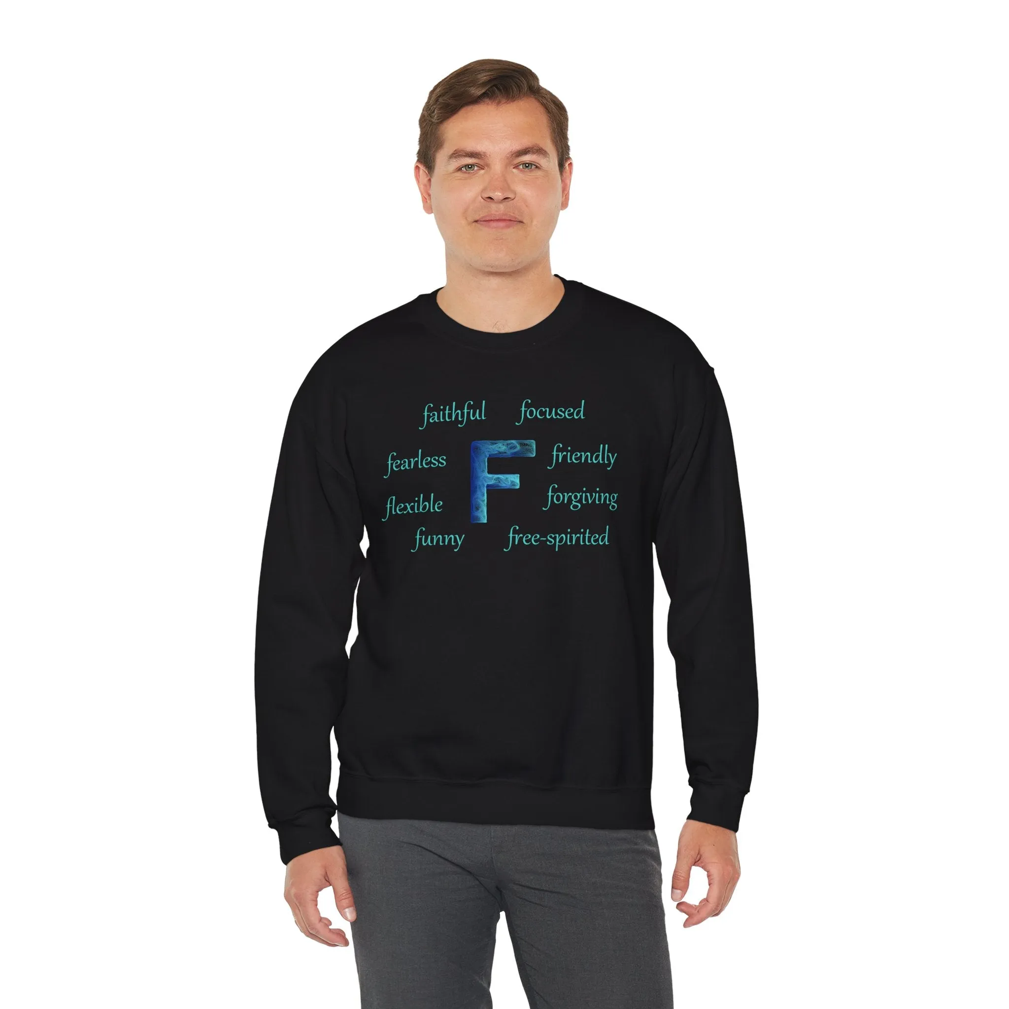 F Alphabet Sweatshirt, Alphabet Initial "F" Unisex Heavy Blend™ Optimistic, Mental Health, Motivational Crewneck Sweatshirt, Self-affirming Sweatshirt