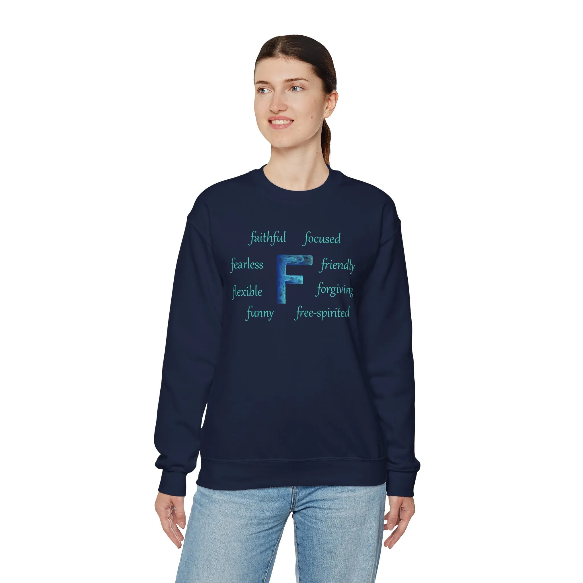 F Alphabet Sweatshirt, Alphabet Initial "F" Unisex Heavy Blend™ Optimistic, Mental Health, Motivational Crewneck Sweatshirt, Self-affirming Sweatshirt