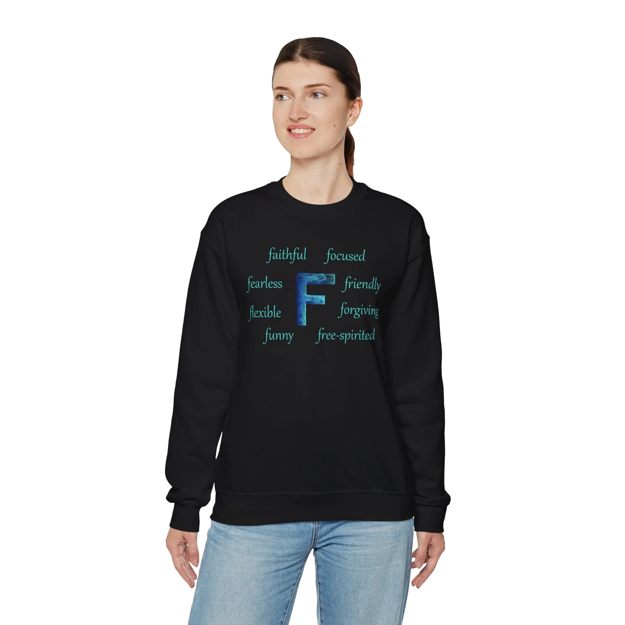 F Alphabet Sweatshirt, Alphabet Initial "F" Unisex Heavy Blend™ Optimistic, Mental Health, Motivational Crewneck Sweatshirt, Self-affirming Sweatshirt