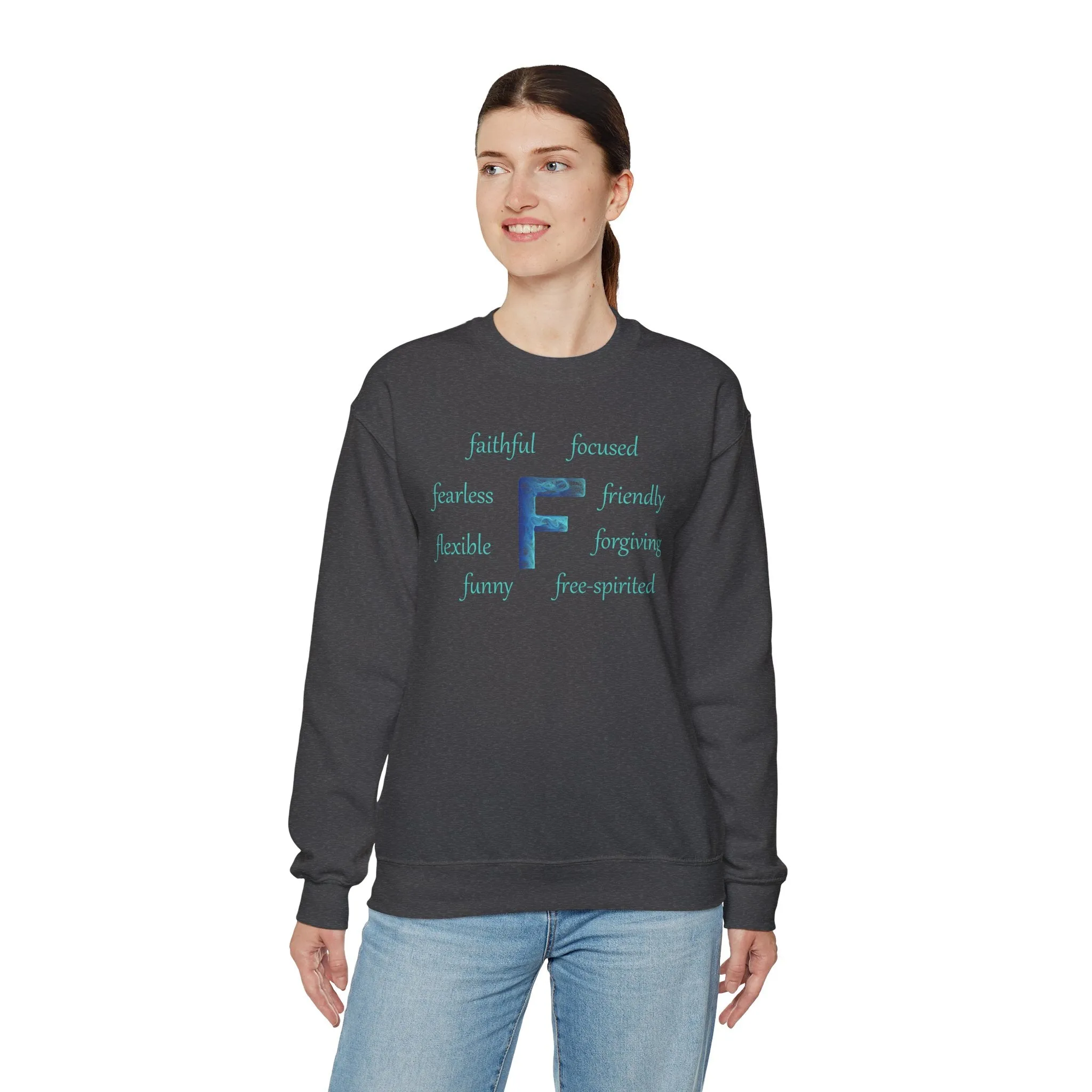 F Alphabet Sweatshirt, Alphabet Initial "F" Unisex Heavy Blend™ Optimistic, Mental Health, Motivational Crewneck Sweatshirt, Self-affirming Sweatshirt