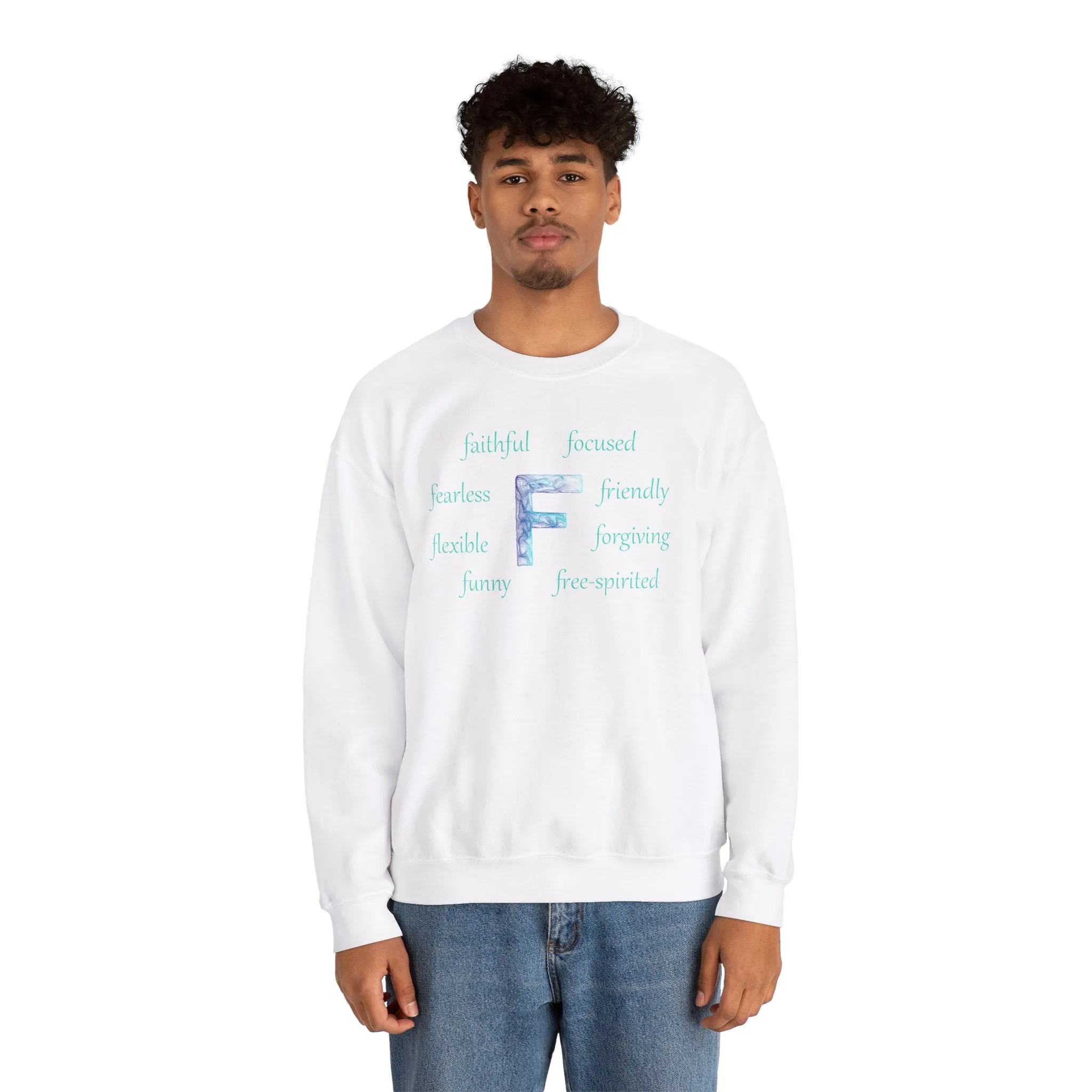 F Alphabet Sweatshirt, Alphabet Initial "F" Unisex Heavy Blend™ Optimistic, Mental Health, Motivational Crewneck Sweatshirt, Self-affirming Sweatshirt