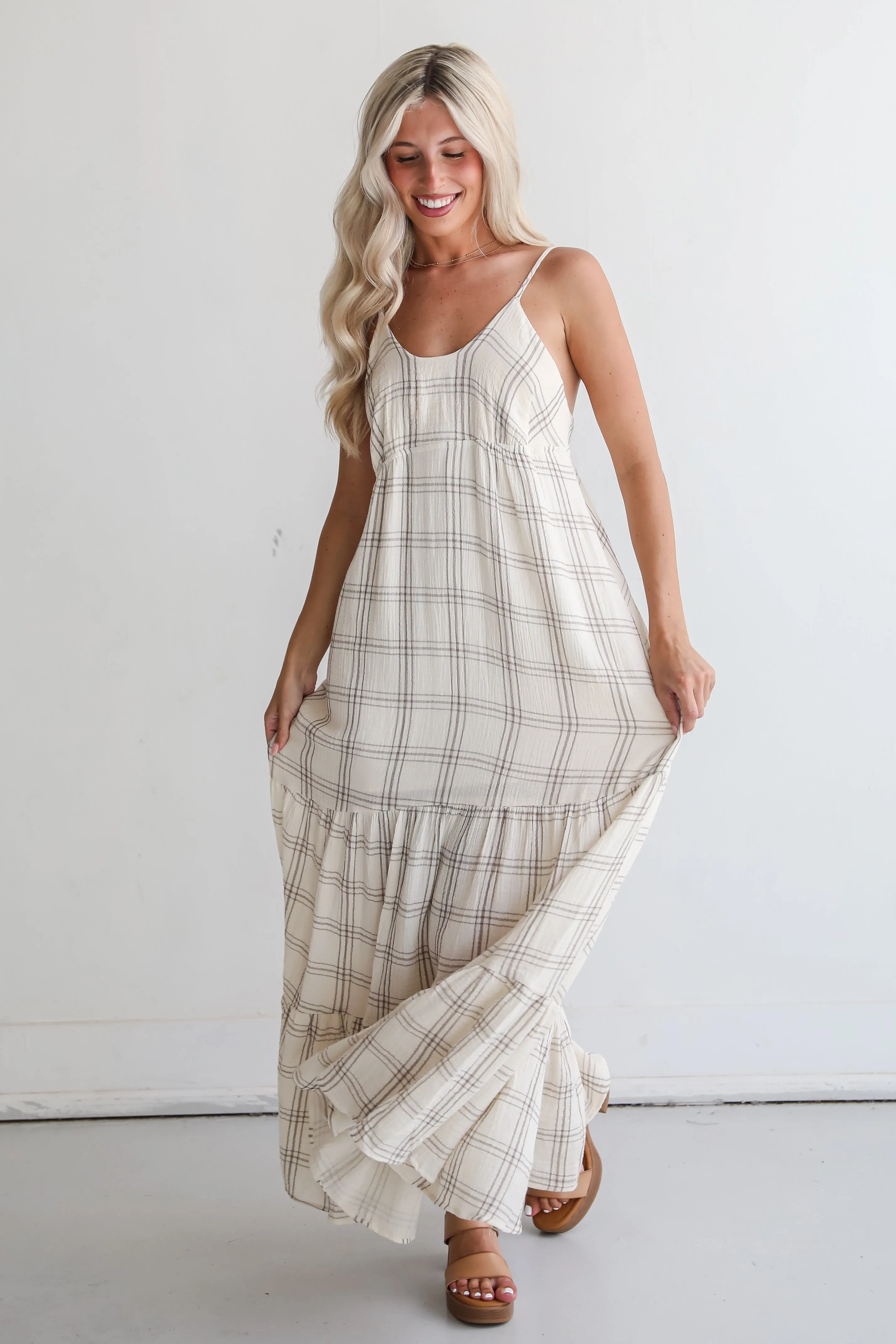 FINAL SALE - Playful Vibes Grey Plaid Linen Maxi Dress