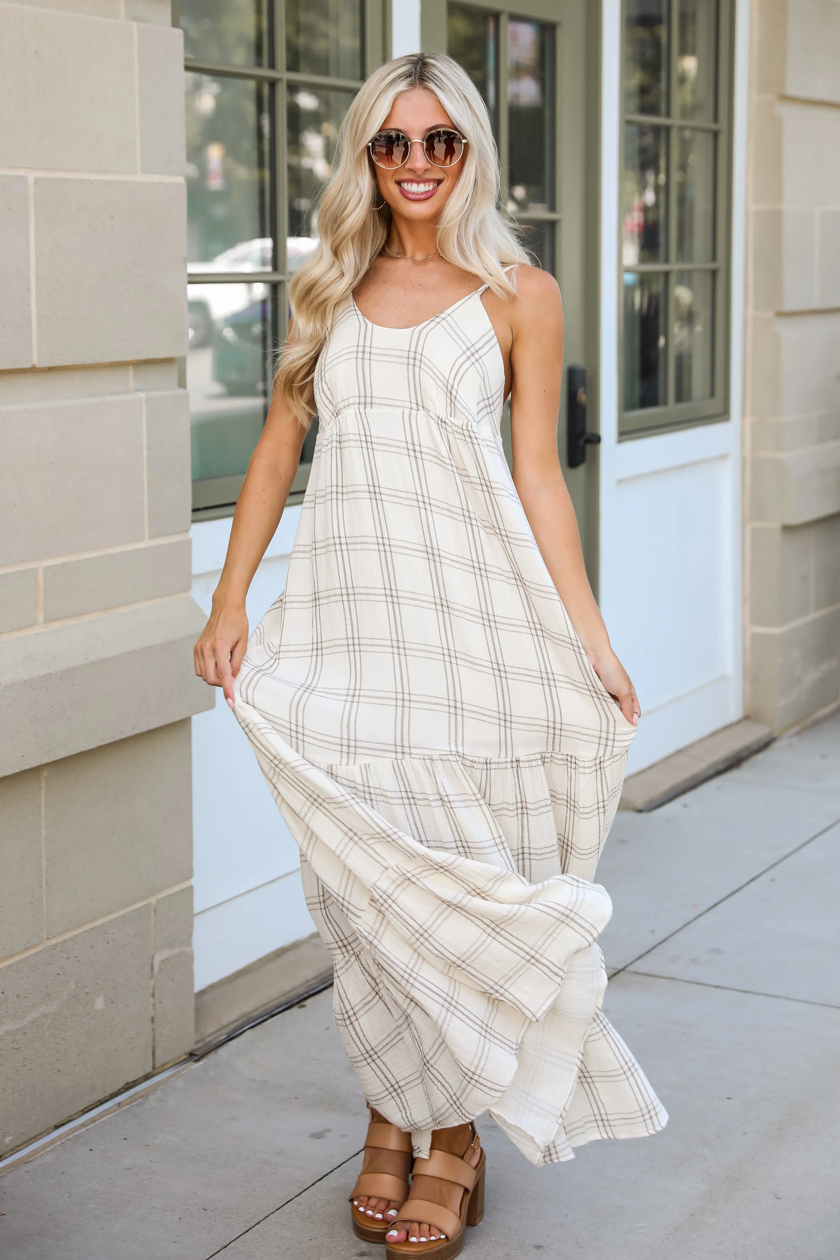 FINAL SALE - Playful Vibes Grey Plaid Linen Maxi Dress