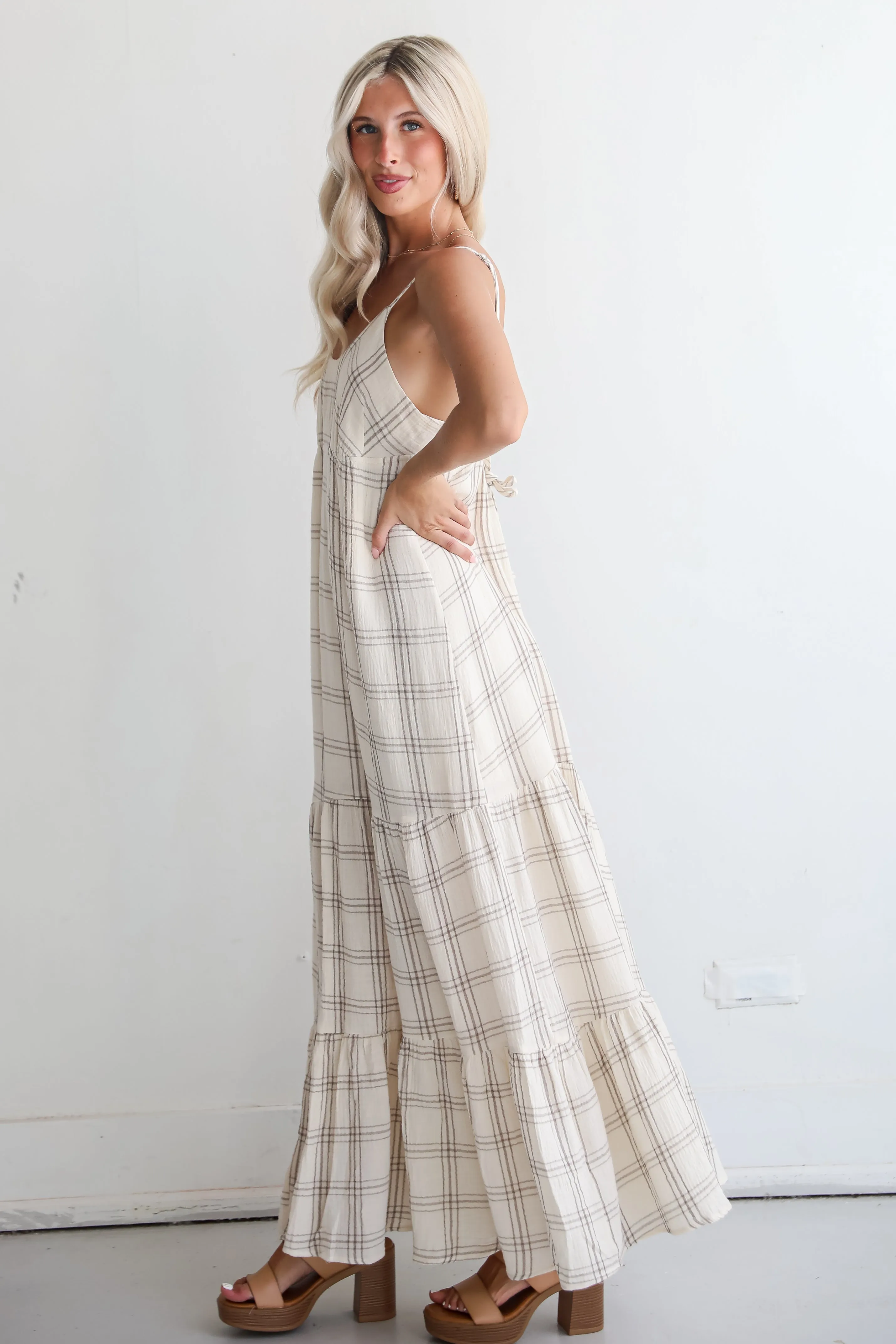 FINAL SALE - Playful Vibes Grey Plaid Linen Maxi Dress