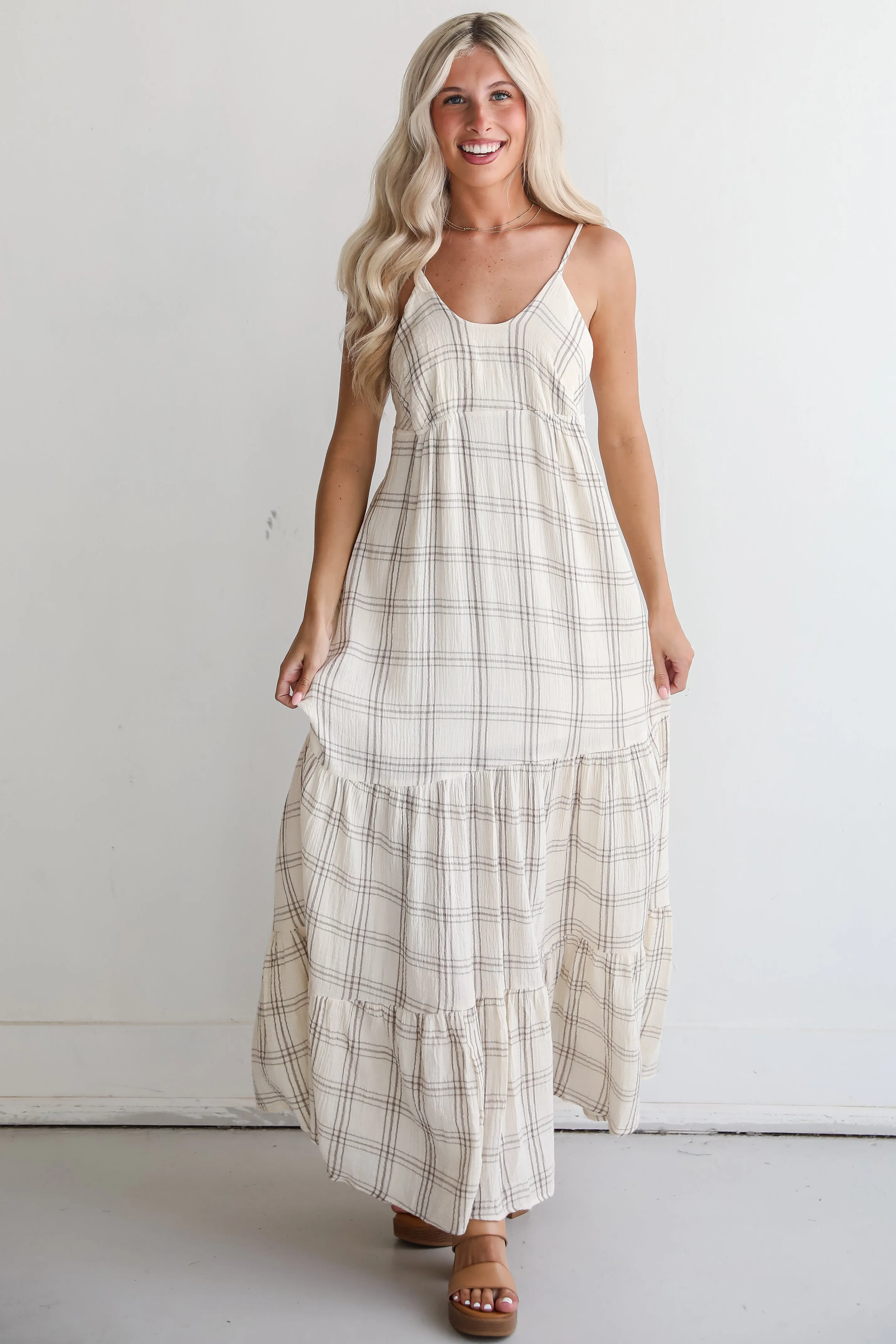 FINAL SALE - Playful Vibes Grey Plaid Linen Maxi Dress