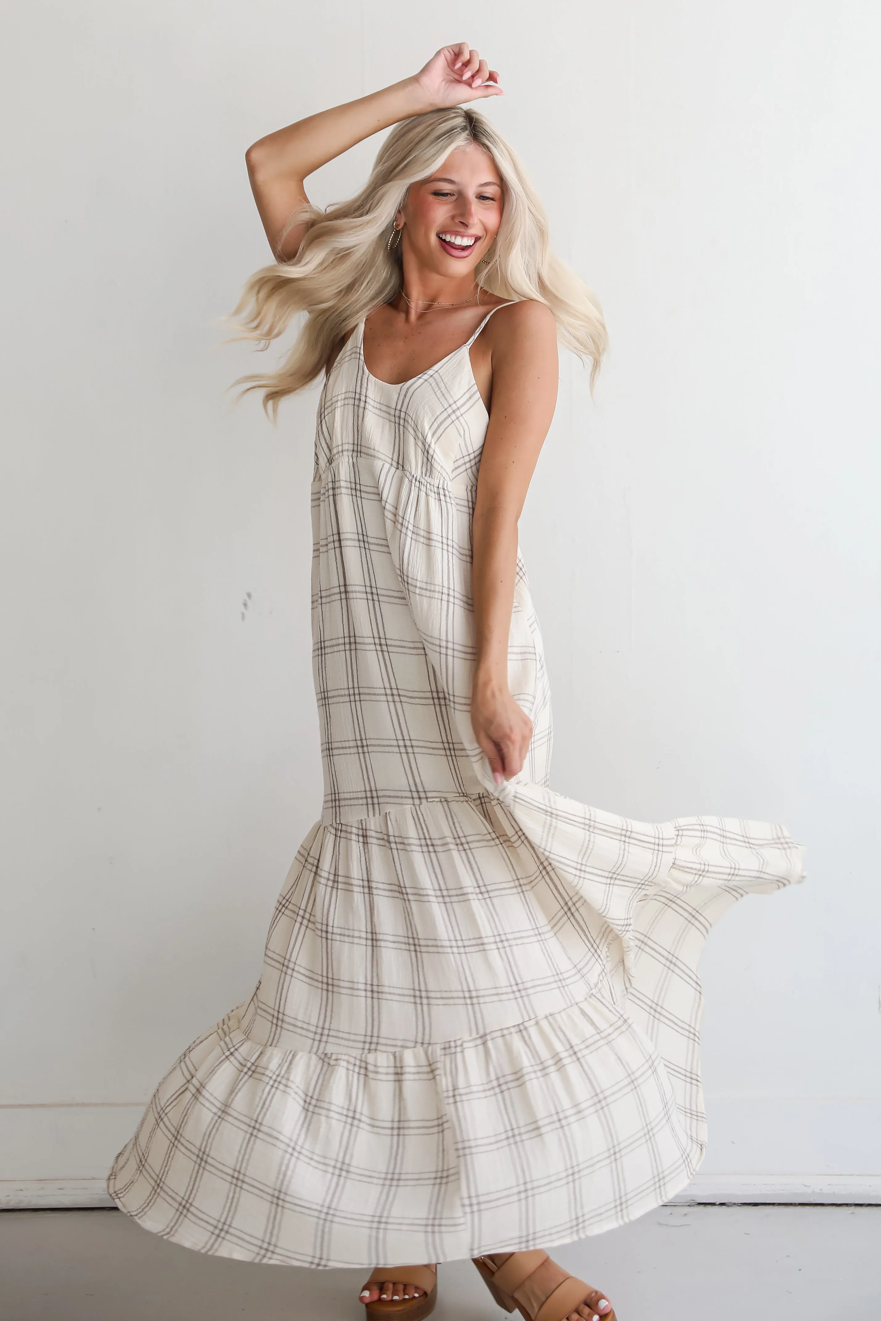 FINAL SALE - Playful Vibes Grey Plaid Linen Maxi Dress