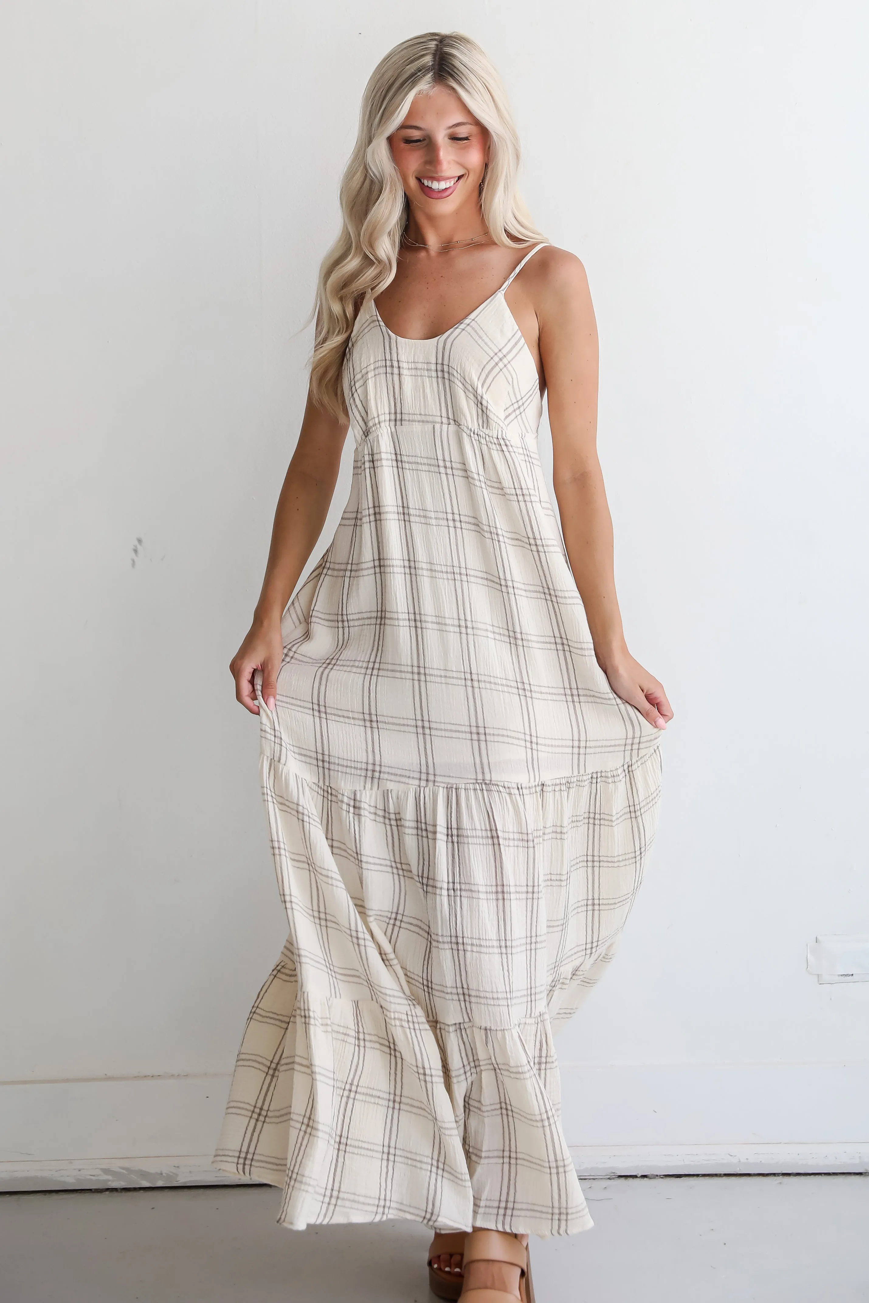 FINAL SALE - Playful Vibes Grey Plaid Linen Maxi Dress