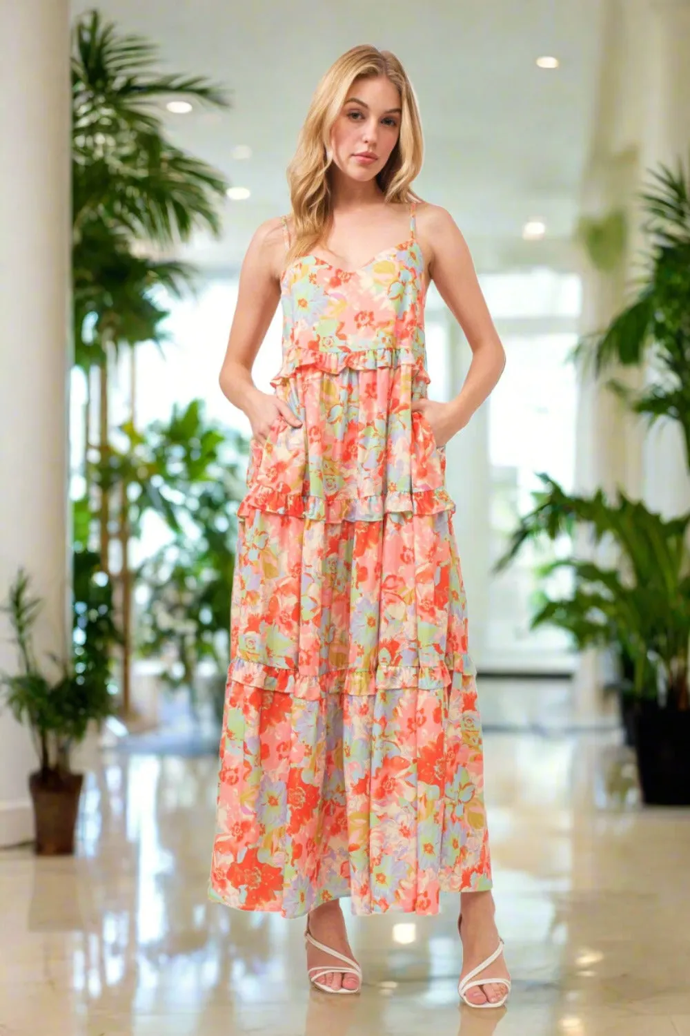 Floral Ruffled Tiered Maxi Summer Cami Dress