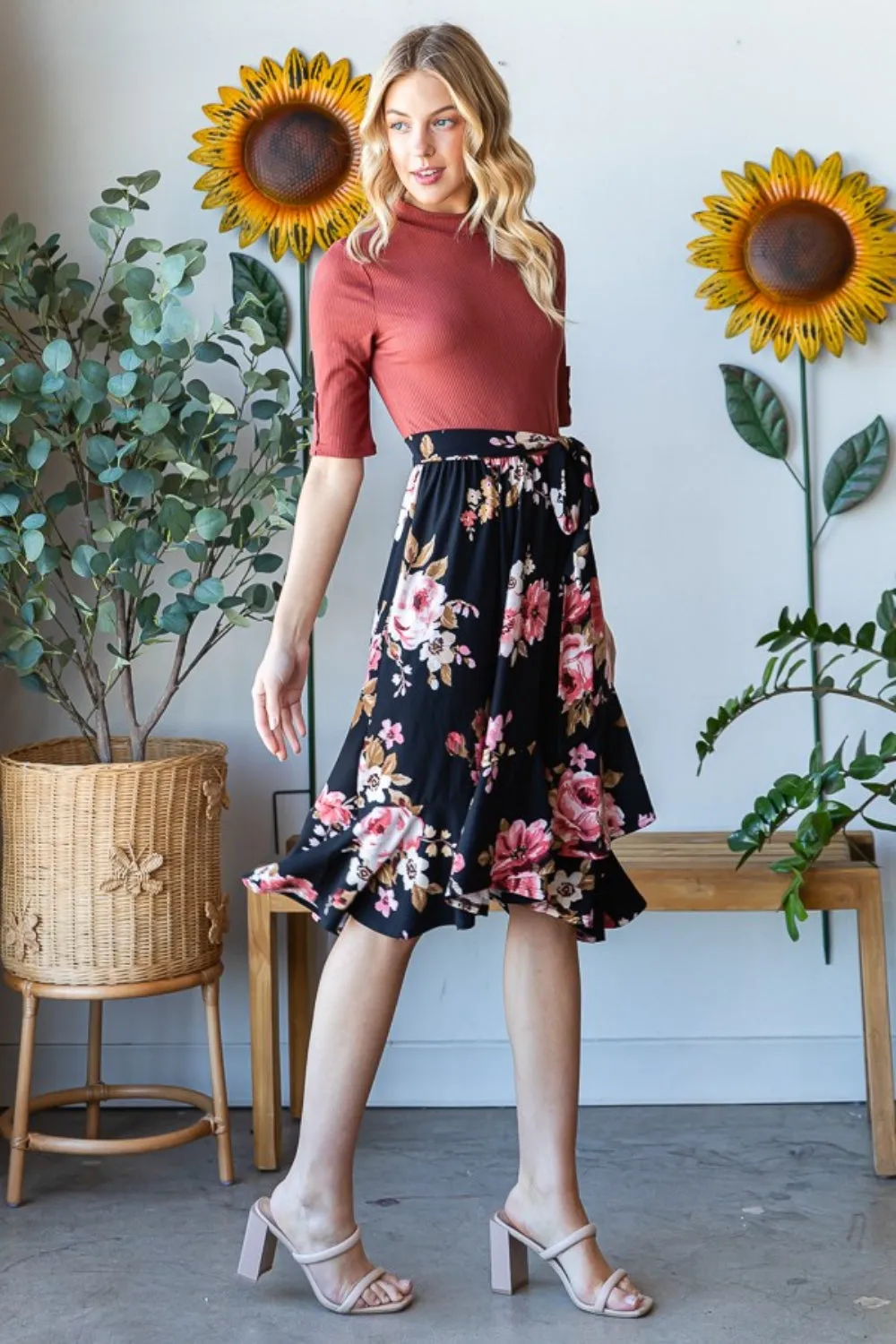 Floral Wrap Ruffle Hem Skirt